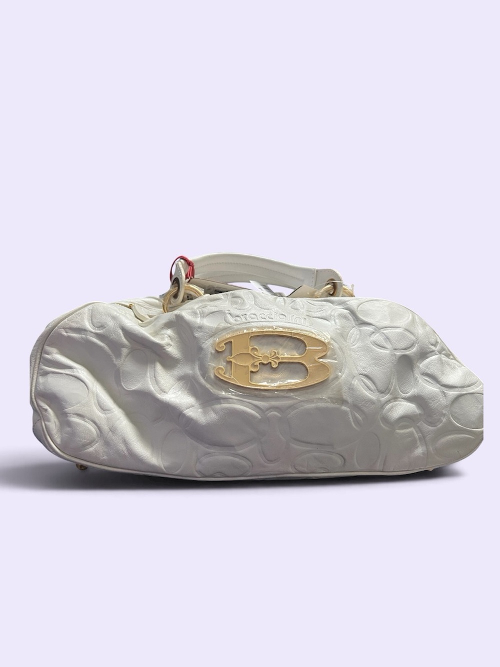 BRACCIALINI White Embossed Leather Shoulder Bag with Gold Logo